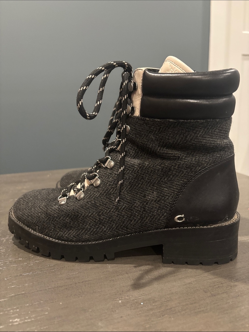 COACH Gray Wool Herringbone Lace-Up Ankle Boots with Black Leather Trim